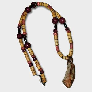 Wood Bead Necklace Stone Pendant #N54